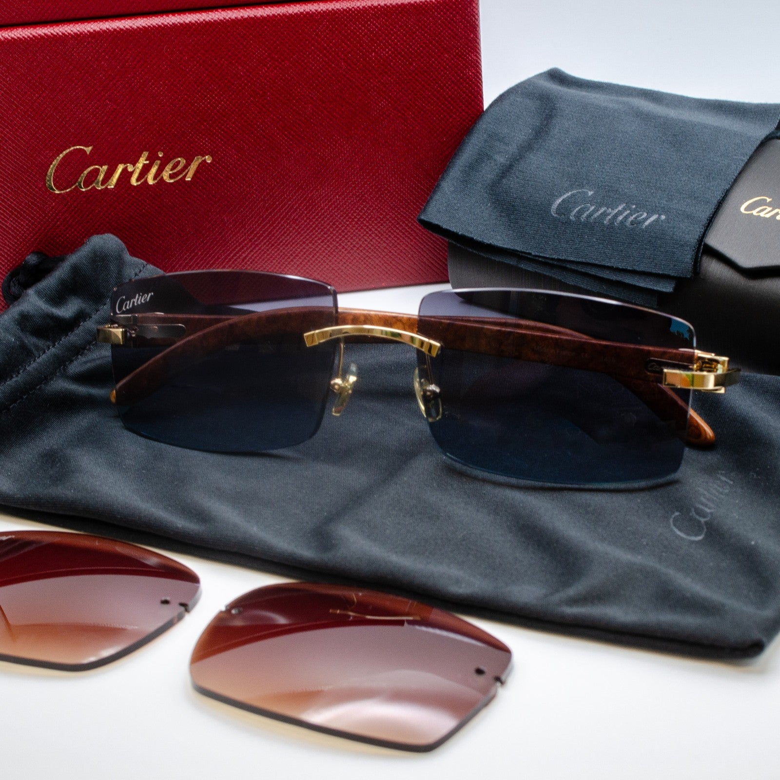 Ultra Rare Cartier C Décor Burlwood Glasses Sunglasses Box Papers 55-18-140