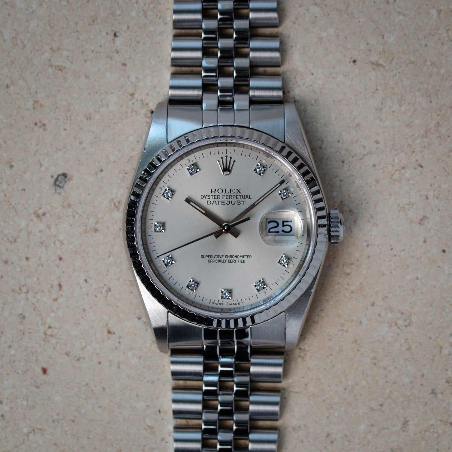 1989 Rolex Datejust 36 Silver Diamond Dial 16234