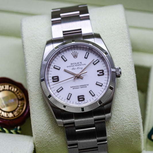 LNOS 2008 Rolex Air King 34mm 114210 White Arabic Dial Full Set