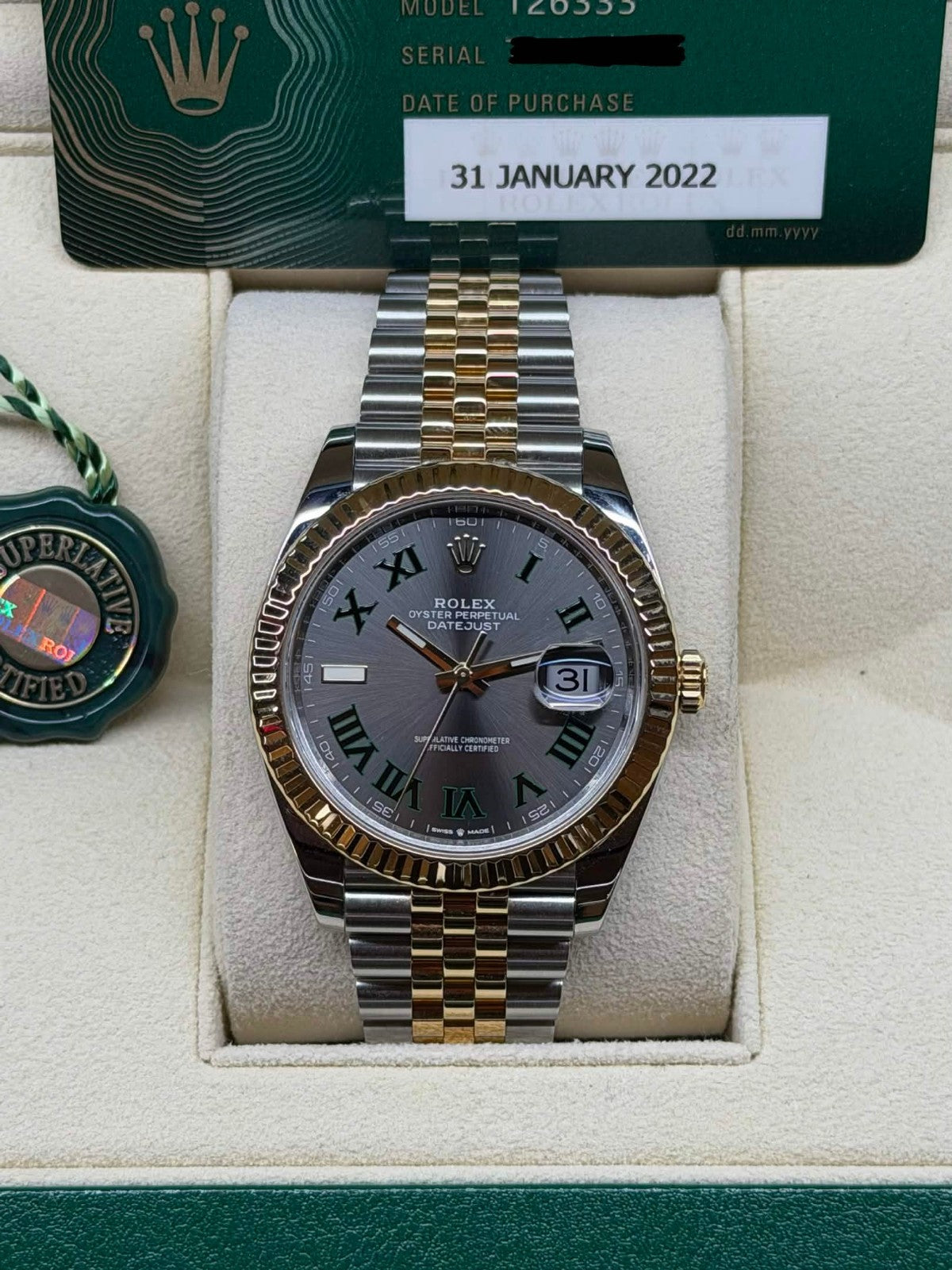 Rolex Datejust 41 'Wimbledon' Two Tone Yellow Gold Fluted Jubilee 2022 Full Set